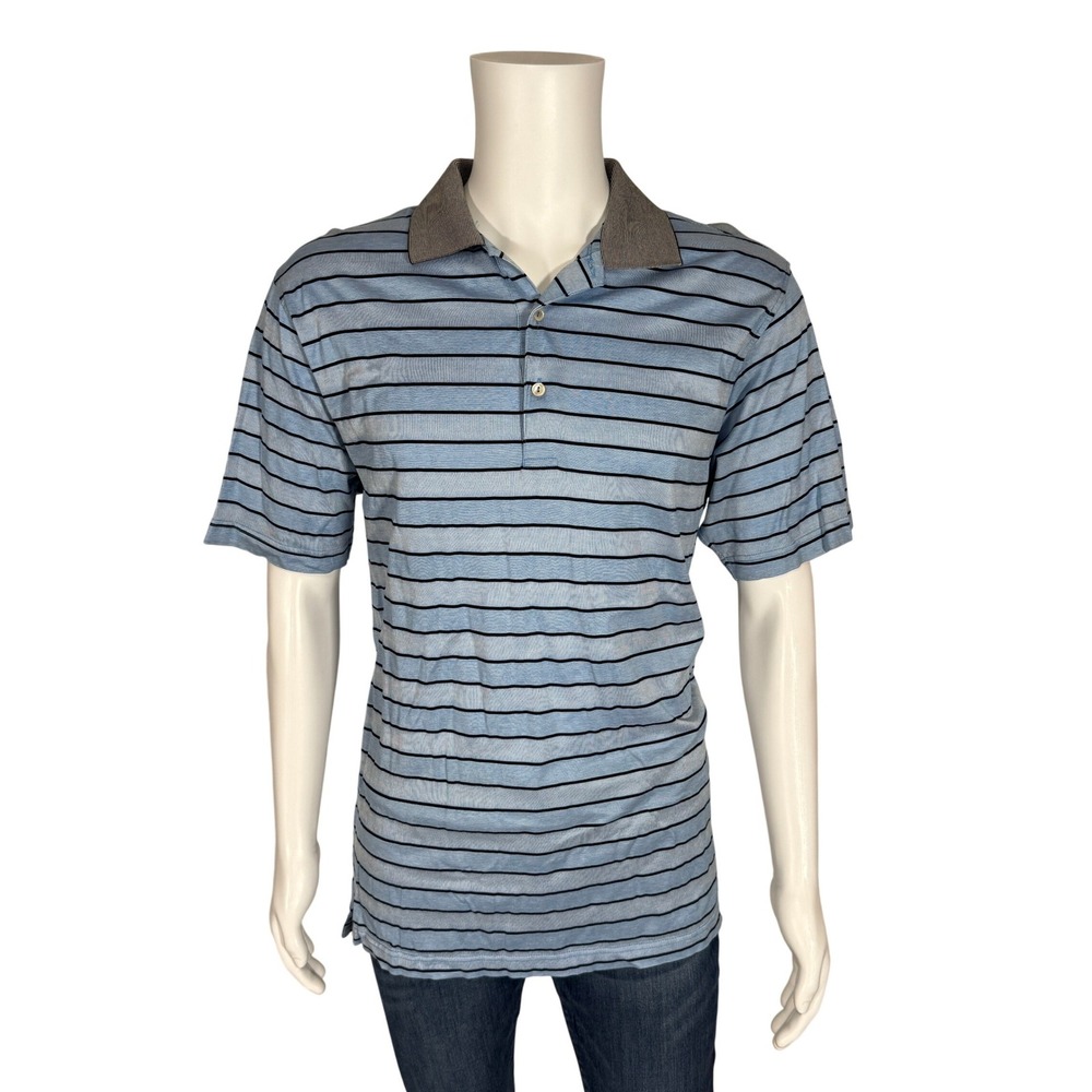 Peter Millar Mens Blue Black Striped Cotton Short Sleeve Polo Shirt Large